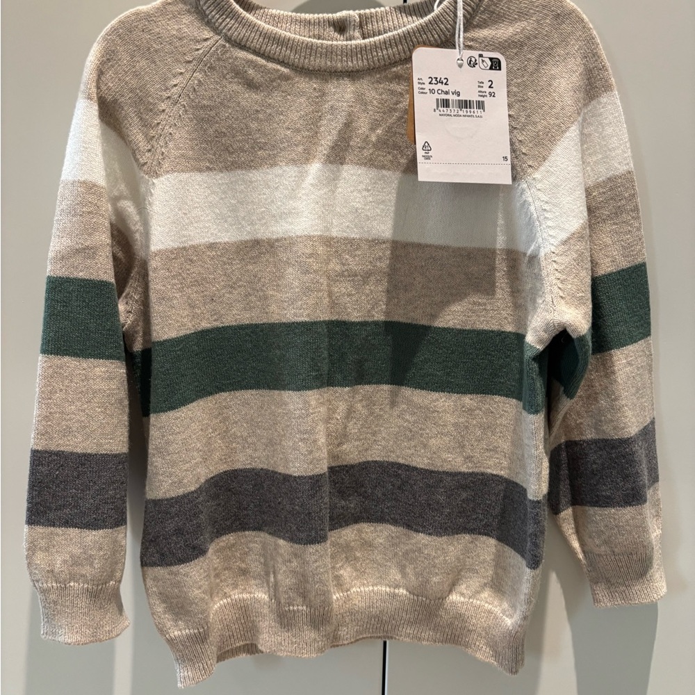Mayoral Beige, White, Green & Gray Striped Knit Sweater